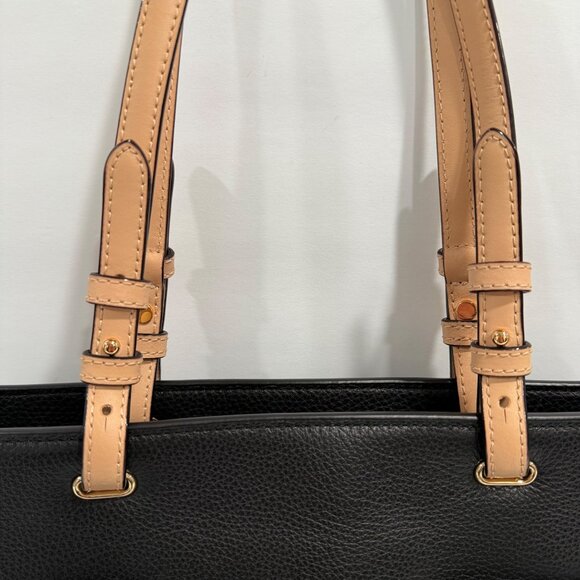 Michael Kors Bedford Medium Pebbled Leather Pocket Tote Handbag Black Tan Straps - Picture 3 of 12